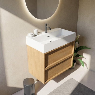 Saniclass Holz Frame Ensemble de meubles de salle de bains - 80x45x72cm - Legend lavabo en céramique blanc mat - 1 vasque - 1 trou de robinetterie - 2 tiroirs - chêne naturel mat (bois)
