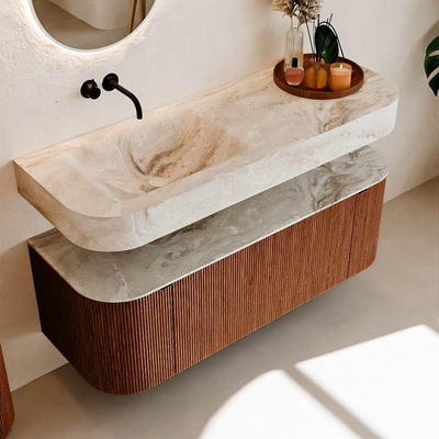 MONDIAZ THOR-DLUX 130cm meuble de salle de bains arrondi gauche + droite couleur Ruby avec 1 tiroir et 2 portes. Vasque suspendue CLOUD Gauche sans trou de robinet couleur Frappe.