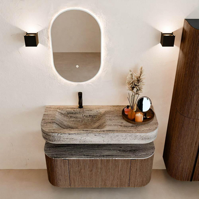 MONDIAZ THOR-DLUX 110cm badmeubel ronding links + rechts kleur Walnut met 1 lade en 2 deuren. Vrijhangende wastafel CLOUD Links 1 kraangat kleur Oza.