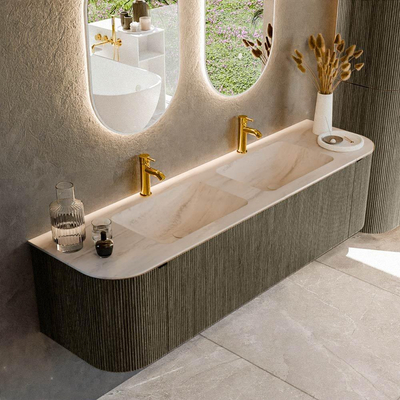 MONDIAZ KURVE-DLUX Meuble de salle de bains 170cm arrondi Gauche + Droite couleur Shadow avec 1 tiroir et 2 portes. Lavabo LEAF Double 2 trous de robinet Meli.