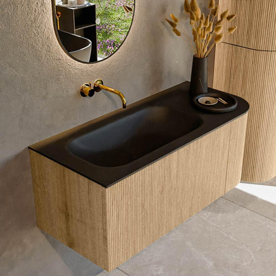 MONDIAZ KURVE 105cm Meuble salle de bain avec module 25 D - couleur Oak - 1 tiroir - 1 porte - vasque BIG SMALL gauche - sans trous de robinet - Urban