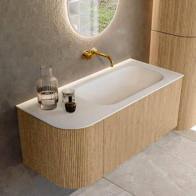 MONDIAZ KURVE 105cm Meuble salle de bain avec module 25 G - couleur Oak - 1 tiroir - 1 porte - vasque BIG SMALL droite - sans trous de robinet - Talc