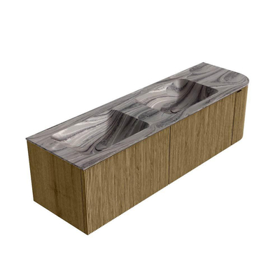 MONDIAZ KURVE-DLUX Meuble de salle de bains 155 cm arrondi à droite couleur Dusk avec 2 tiroirs et 1 porte. Lavabo LEAF Double / gauche 2 trous de robinet Sombra.