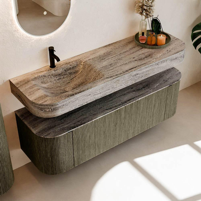 MONDIAZ THOR-DLUX 150cm meuble de salle de bains arrondi gauche + droite couleur Shadow avec 1 tiroir et 2 portes. Vasque suspendue CLOUD Gauche 1 trou de robinet couleur Oza.