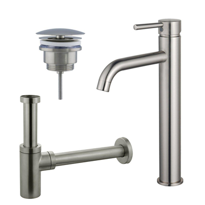 Fortifura Calvi wastafelkraanset - voorsprong 16.8cm - met open waste - PVD - geborsteld rvs