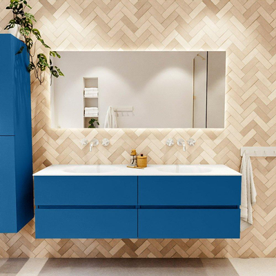 Mondiaz Vica ensemble de meuble de salle de bain - 160cm - meuble sous-vasque jeans - 4 tiroirs - lavabo moon double - sans trous de robinet - couleur talc - miroir LED - version XL 60cm de haut