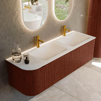 Mondiaz KURVE Ensemble de meuble de salle de bains - 145x46x40cm - 1 tiroir - 1 porte - vasque solid surface - double / droite - 2 trous de robinet - Ruby