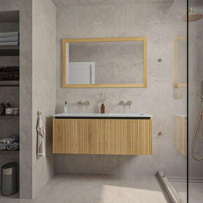 Adema Holz Ensemble de meuble - 120cm - 2 vasques en céramique Blanc - sans trous de robinet - 1 tiroir - avec miroir - Caramel (bois)