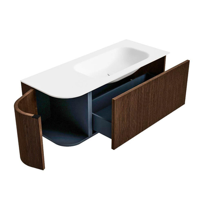 MONDIAZ KURVE Meuble de salle de bains 115 cm avec module 25 L couleur Walnut avec 1 tiroir et 1 porte. Plan vasque BIG SMALL droit sans trou de robinet Talc.