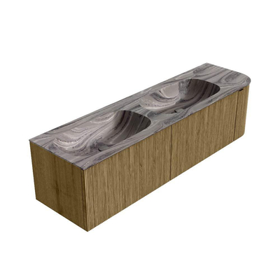 MONDIAZ KURVE-DLUX meuble de salle de bains 165cm arrondi à droite couleur Dusk avec 2 tiroirs et 1 porte. Lavabo STOR SMALL Double / Gauche 2 trous de robinet Sombra.