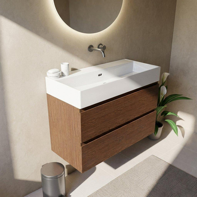 Saniclass Holz Pure Ensemble de meubles de salle de bains - 100x45x72cm - Legend lavabo en céramique blanc - 1 vasque - sans trou de robinet - 2 tiroirs - noyer pure mat (bois)