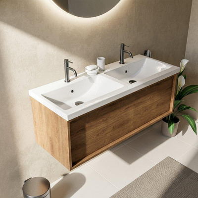 Saniclass Holz Frame Ensemble de meubles de salle de bains - 120x45x43.5cm - lavabo en céramique Bari blanc - 2 vasques - 2 trous de robinetterie - 1 tiroir - chêne natural mat (bois)