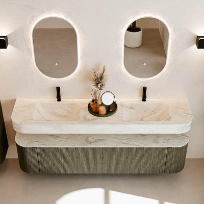 MONDIAZ THOR-DLUX Meuble de salle de bains - 190cm - arrondi gauche + droite - couleur Shadow - 2 tiroirs et 2 portes - Vasque suspendue CLOUD Double 2 trous de robinet - couleur Ostra