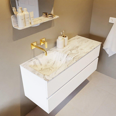 Mondiaz VICA-DLUX ensemble de meuble de salle de bain - 120cm - meuble sous-vasque talc - 2 tiroirs - lavabo encastré cloud gauche - sans trous de robinet - version haute de 60cm - glace