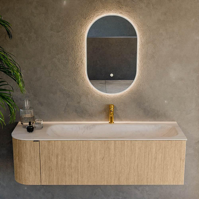 MONDIAZ KURVE-DLUX Meuble de salle de bains 145cm arrondi gauche couleur chêne avec 1 tiroir et 1 porte. Lavabo BIG LARGE droite 1 trou de robinet Meli.