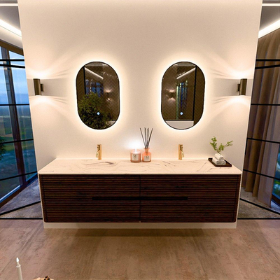 Mondiaz CIRO-DLUX Badkamermeubelset - 190x45x50cm - Solid surface wastafel Nata - 2 wasbak Dubbel - 2 kraangaten - 4 lades - Walnut