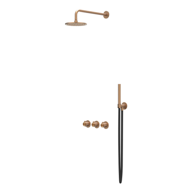 IVY Tribe Ensemble de douche pluie - encastré - symmetry - 2 robinets d'arrêt - bras mural 40 cm - pomme de tête medium 25 cm - support avec sortie - flexible de douche 150 cm - douchette barreau - RVS316 - cuivre brossé mat PVD