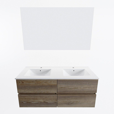 Mondiaz VICA ensemble de meuble de salle de bain - 120cm - meuble sous-vasque marron foncé gris - 4 tiroirs - lavabo denia double - 2 trous de robinet - couleur Blanc Brillant - miroir LED - version XL 60cm de haut