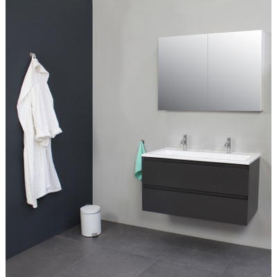 Basic Bella Meuble avec lavabo acrylique 2 trous de robinet 100x55x46cm avec armoire toilette à 2 portes gris Anthracite mat