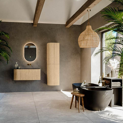 MONDIAZ KURVE-DLUX Meuble de salle de bains 95 cm avec module 25 L couleur Chêne avec 1 tiroir et 1 porte. Lavabo BIG SMALL à droite sans trou de robinet couleur Lava.