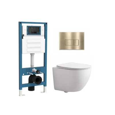 QeramiQ Dely Swirl Compact Toiletset - inbouwreservoir QeramiQ flush - slim zitting - metalen bedieningsplaat messing geborsteld (goud) - rechthoekige knoppen - mat wit