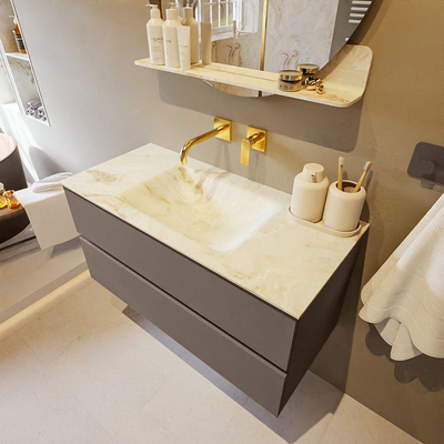 MONDIAZ VICA-DLUX Ensemble meuble de salle de bains - 100cm - meuble bas smoke - 2 tiroirs - lavabo encastré cloud au milieu - sans trous de robinet - version hauteur 60cm - frape