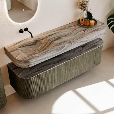 MONDIAZ THOR-DLUX 160cm meuble de salle de bains arrondi gauche + droite couleur Shadow avec 1 tiroir et 2 portes. Vasque suspendue CLOUD Gauche sans trou de robinet couleur Sombra.