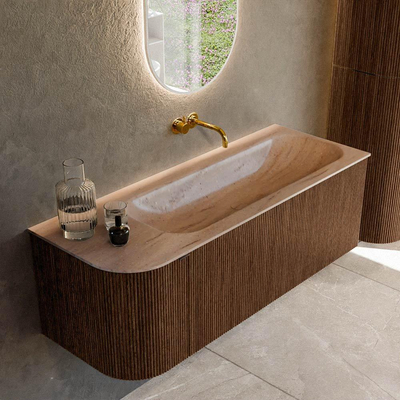 MONDIAZ KURVE-DLUX 125cm badmeubel ronding Links kleur Walnut met 1 lade en 1 deur. Wastafel BIG MEDIUM Rechts zonder kraangat Saba.