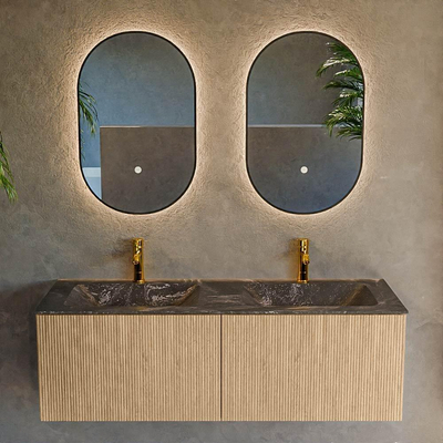 MONDIAZ KURVE-DLUX 130cm Meuble salle de bain - couleur Oak - 2 tiroirs - vasque LEAF double - 2 trous de robinet - couleur Lava