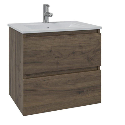 Saniclass Chaci Meuble de salle de bain - 60x46x55cm - lavabo en céramique blanc - 1 vasque - 1 trou de robinet - 2 tiroirs - noyer (hout)
