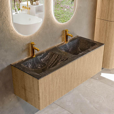 MONDIAZ KURVE-DLUX 120cm badmeubel kleur Oak met 1 lade. Wastafel LEAF dubbel 2 kraangaten kleur Lava.