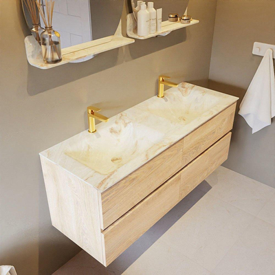 Mondiaz VICA-DLUX ensemble de meuble de salle de bain - 130cm - meuble sous-vasque chêne blanchi - 4 tiroirs - lavabo encastré cloud double - 2 trous de robinet - version haute de 60cm - frape