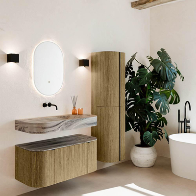 MONDIAZ THOR-DLUX 100cm meuble de salle de bains arrondi gauche + droite couleur Dusk avec 1 tiroir et 2 portes. Vasque suspendue CLOUD Centre sans trou de robinet couleur Sombra.