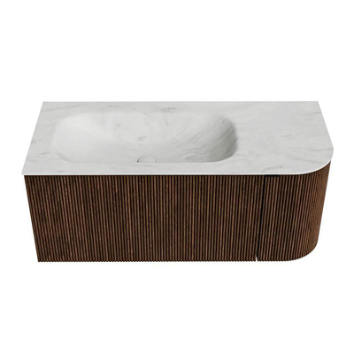 MONDIAZ KURVE-DLUX 105cm badmeubel met module 25 R kleur Walnut met 1 lade en 1 deur. Wastafel BIG SMALL links zonder kraangat kleur Opalo.