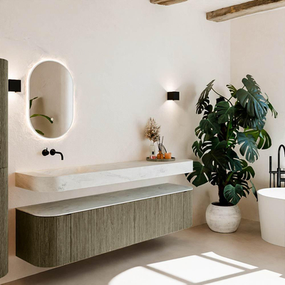 MONDIAZ THOR-DLUX Meuble de salle de bains 190cm arrondi gauche + droite couleur Shadow avec 2 tiroirs et 2 portes. Vasque suspendue CLOUD Gauche sans trou de robinet couleur Opalo.