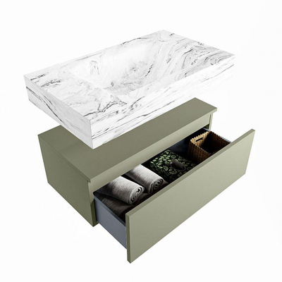 Mondiaz ALAN-DLUX Ensemble de meuble - 80cm - meuble Army mat - 1 tiroir - Lavabo Cloud Glace suspendu - vasque Centre - 1 trou de robinet