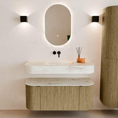 MONDIAZ THOR-DLUX 110cm meuble de salle de bains arrondi gauche + droite couleur Dusk avec 1 tiroir et 2 portes. Vasque suspendue CLOUD Milieu sans trou de robinet couleur Ostra.