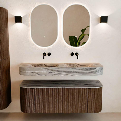 MONDIAZ THOR-DLUX 130cm badmeubel ronding links + rechts kleur Walnut met 1 lade en 2 deuren. Vrijhangende wastafel CLOUD Dubbel zonder kraangat kleur Sombra.