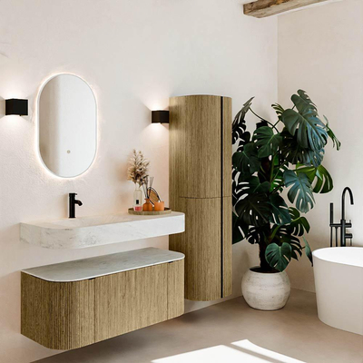 MONDIAZ THOR-DLUX Meuble de salle de bains 110cm arrondi gauche + droite couleur Dusk avec 1 tiroir et 2 portes. Vasque suspendue CLOUD Gauche 1 trou de robinet couleur Opalo.