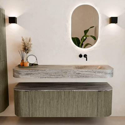 MONDIAZ THOR-DLUX 150cm meuble de salle de bains arrondi gauche + droite couleur Shadow avec 1 tiroir et 2 portes. Vasque suspendue CLOUD Droite sans trou de robinet couleur Oza.