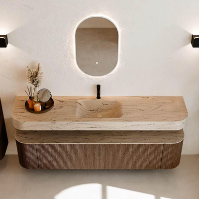 MONDIAZ THOR-DLUX Meuble de salle de bains - 190cm - arrondi gauche + droite - couleur Walnut - 2 tiroirs et 2 portes - Vasque suspendue CLOUD Milieu 1 trou de robinet - couleur Arena