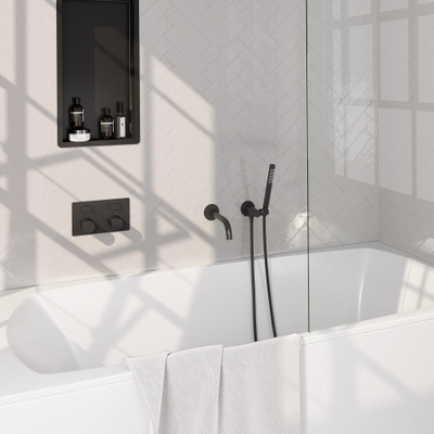 BRAUER Black Carving thermostatische inbouw badkraan - drukknoppen SET 03 - uitloop - staaf handdouche - doucheslang - wandaansluitbocht - zwart mat