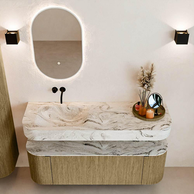 MONDIAZ THOR-DLUX Meuble de salle de bains - 140cm - arrondi gauche + droite - couleur Dusk - 1 tiroir - 2 portes - Vasque suspendue CLOUD Gauche sans trou de robinet - couleur Glace