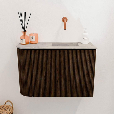 Mondiaz JOYA-DLUX 61.6cm toiletmeubel - ronding links kleur Walnut - Wastafel FAYE positie Rechts Zonder kraangat kleur Glace.