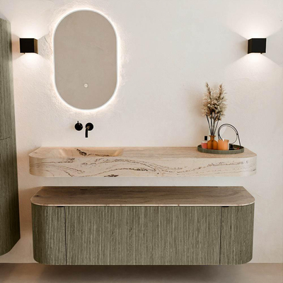 MONDIAZ THOR-DLUX 150cm meuble de salle de bains arrondi gauche + droite couleur Shadow avec 1 tiroir et 2 portes. Vasque suspendue CLOUD Gauche sans trou de robinet couleur Arena.