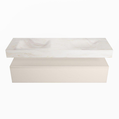 Mondiaz ALAN-DLUX Ensemble de meuble - 150cm - meuble Linen mat - 1 tiroir - Lavabo Cloud Ostra suspendu - vasque gauche et droite - 2 trous de robinet