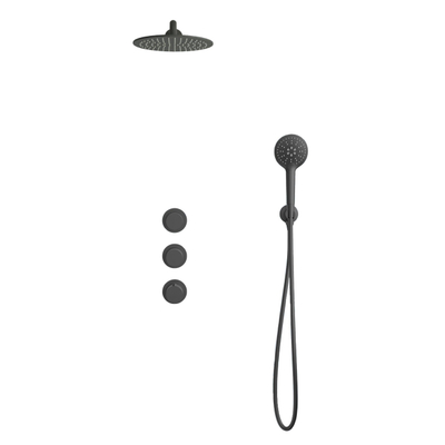 Fortifura Nebbio Ensemble de douche pluie - robinet encastré - élément encastré - coude mural de raccordement - flexible de douche lisse - douchette ronde - bras mural 35cm - douche de tête 30cm - PVD gunmetal brossé
