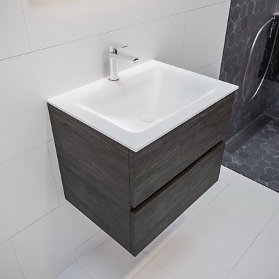 MONDIAZ VICA Ensemble de meuble salle de bain - 60cm - 2 tiroirs - lavabo Cloud central - 1 trou de robinet - solid surface marron foncé