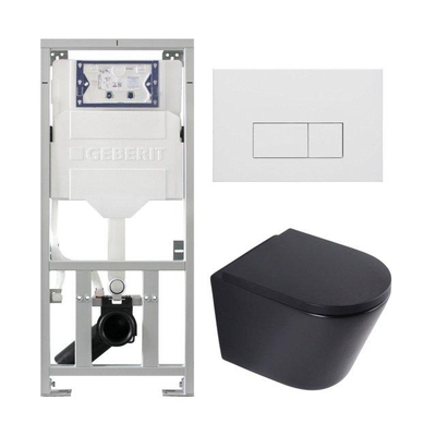 QeramiQ Dely Toiletset - 36.3x51.7cm - diepspoel - rimless - Geberit UP320 inbouwreservoir - softclose toilet zitting 35 mm - mat witte bedieningsplaat - rechthoekige knoppen - mat zwart