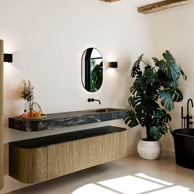 MONDIAZ THOR-DLUX Meuble de salle de bains 180cm arrondi gauche + droite couleur Dusk avec 2 tiroirs et 2 portes. Vasque suspendue CLOUD Droite sans trou de robinet couleur Lava.